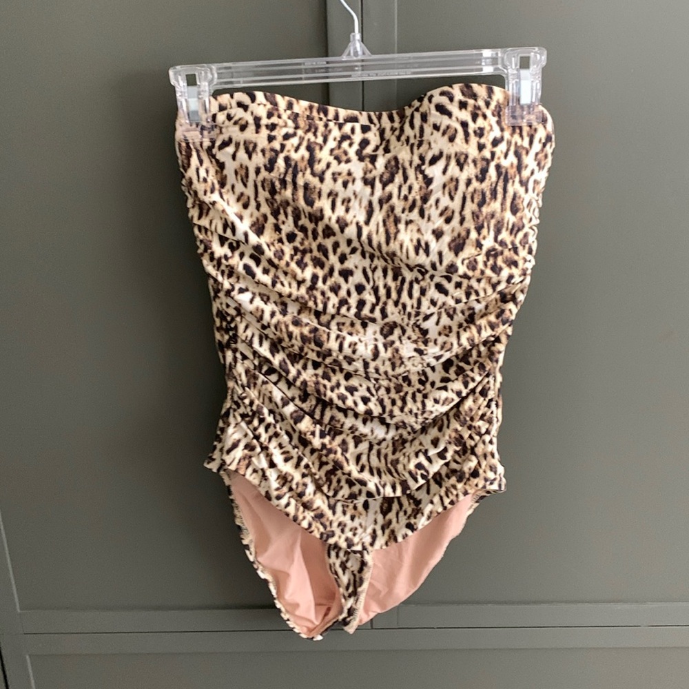 J.Crew Ruched Strapless One-Piece Leopard Swimsuit Size 8